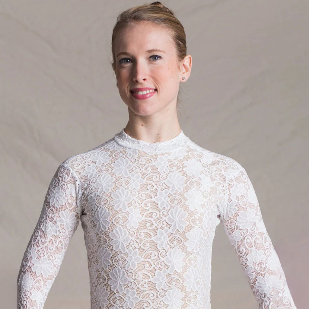 Women White Lace Long Sleeves Ballet Onesies(1404/White)