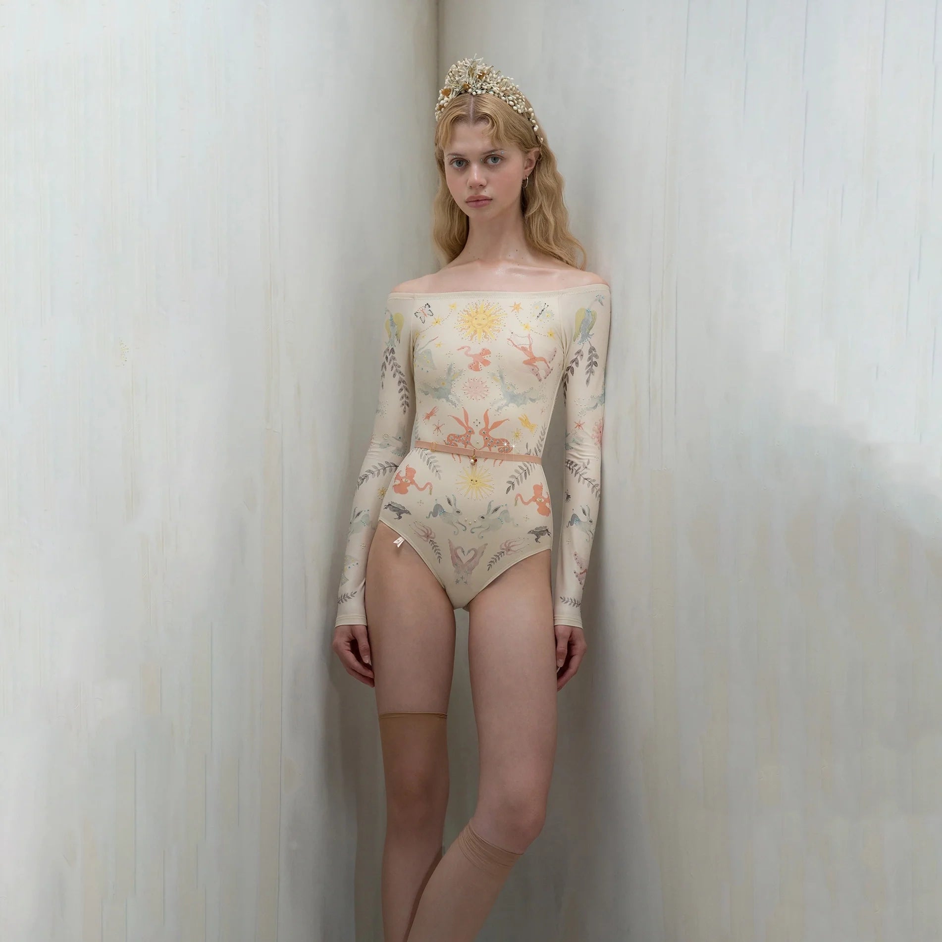 Women White Printed "SOLARIS" Long Sleeves Ballet Onesies(181LE20VL/edelweiss)