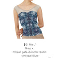 Women Blue Flower Ballet Onesies(193125923/Plie/Gray × Flower gate Autumn Bloom -Antique Blue)