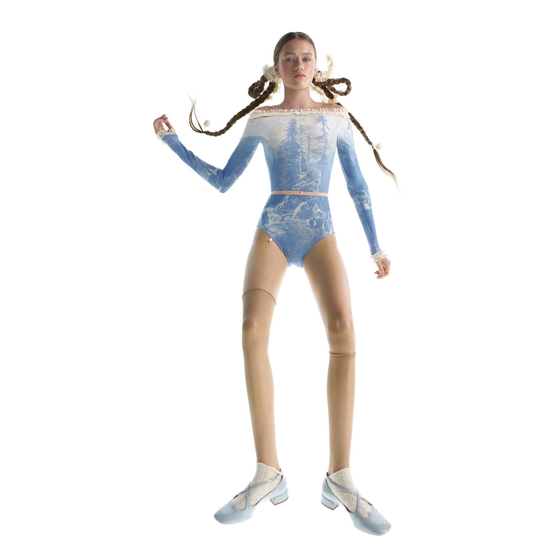 Women Blue Printed "ALPINE FLORA" Boatneck Ballet Onesies