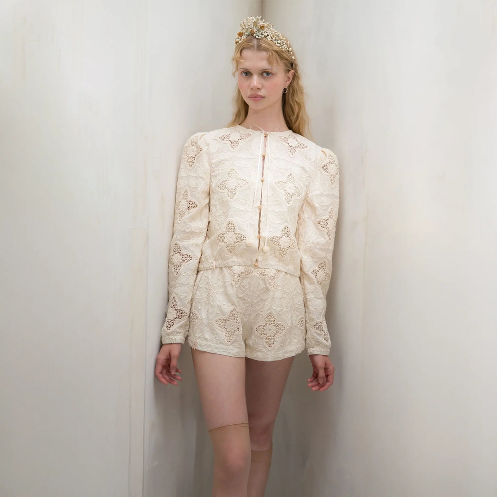 Women White "BOTANIC RICHELIEU" Round Neck Embroidered Jacket(261BL40KP/edelweiss)