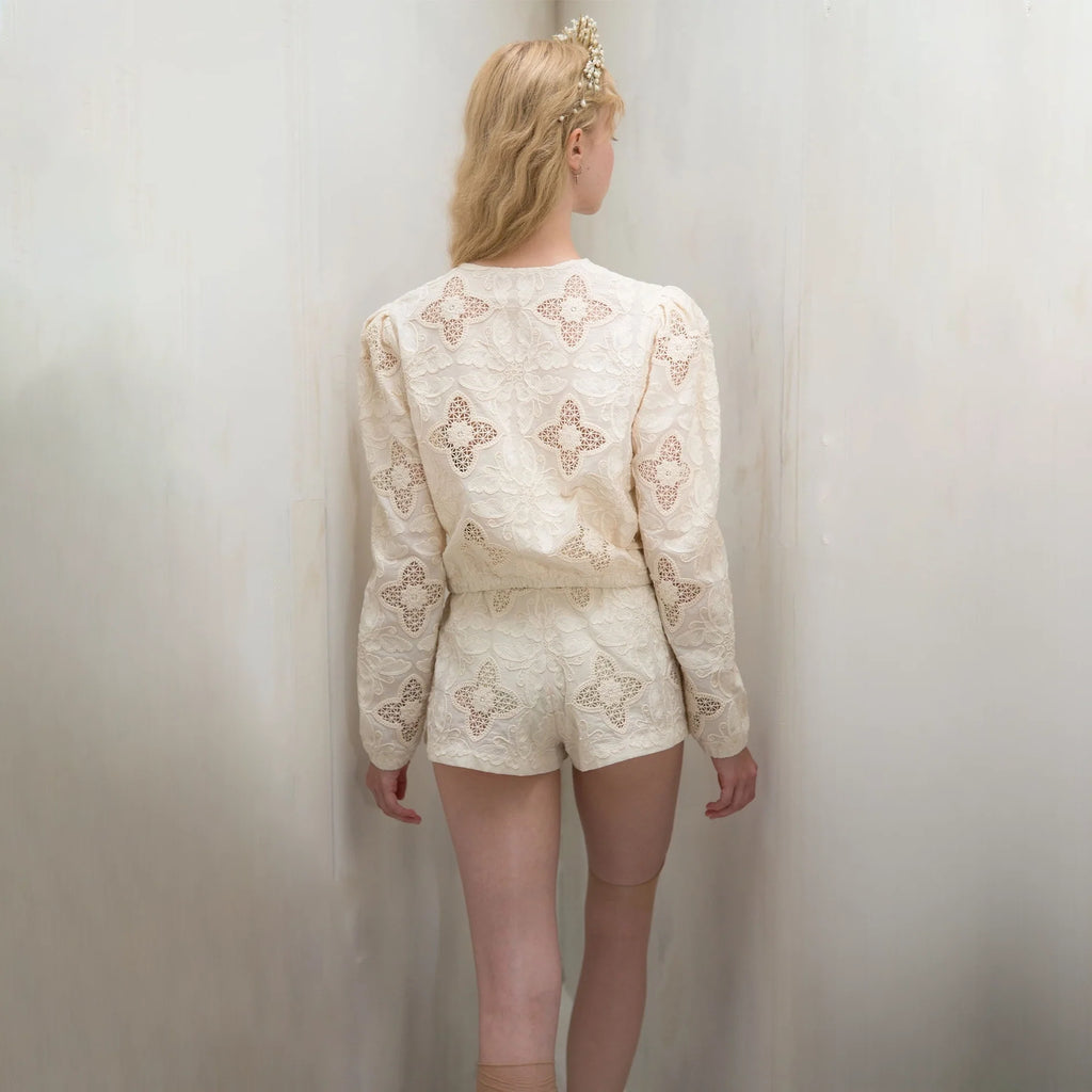Women White "BOTANIC RICHELIEU" Round Neck Embroidered Jacket(261BL40KP/edelweiss)