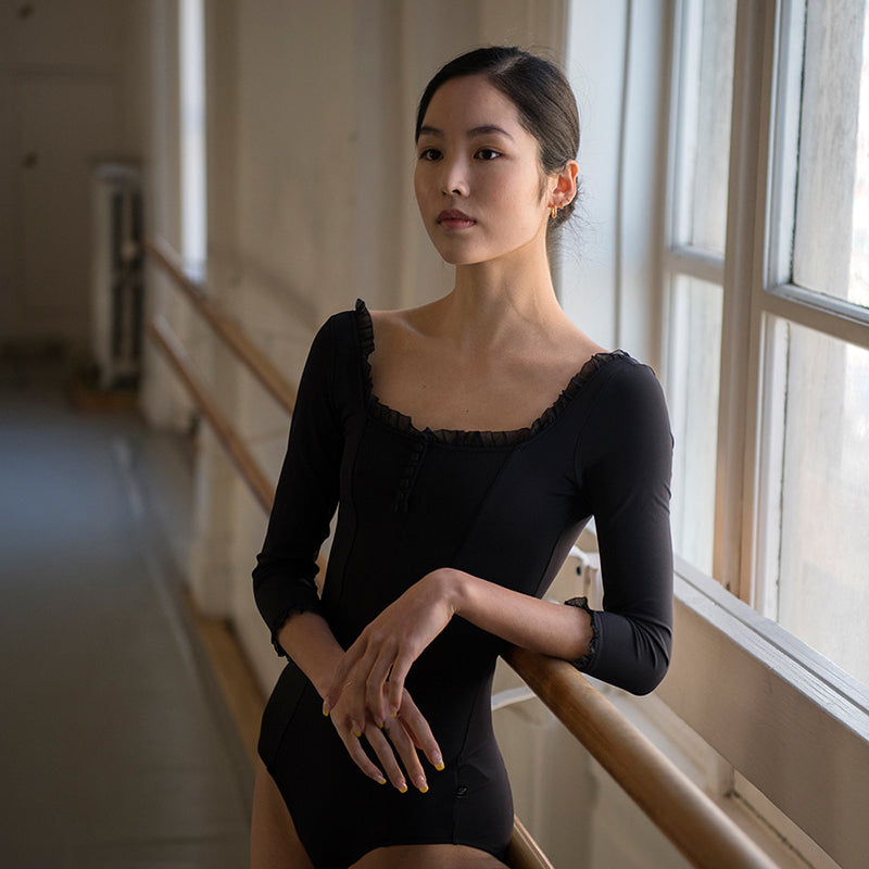 Women Black Ballet Onesies(Elizabeth Square Neck Leotard/BLACK)