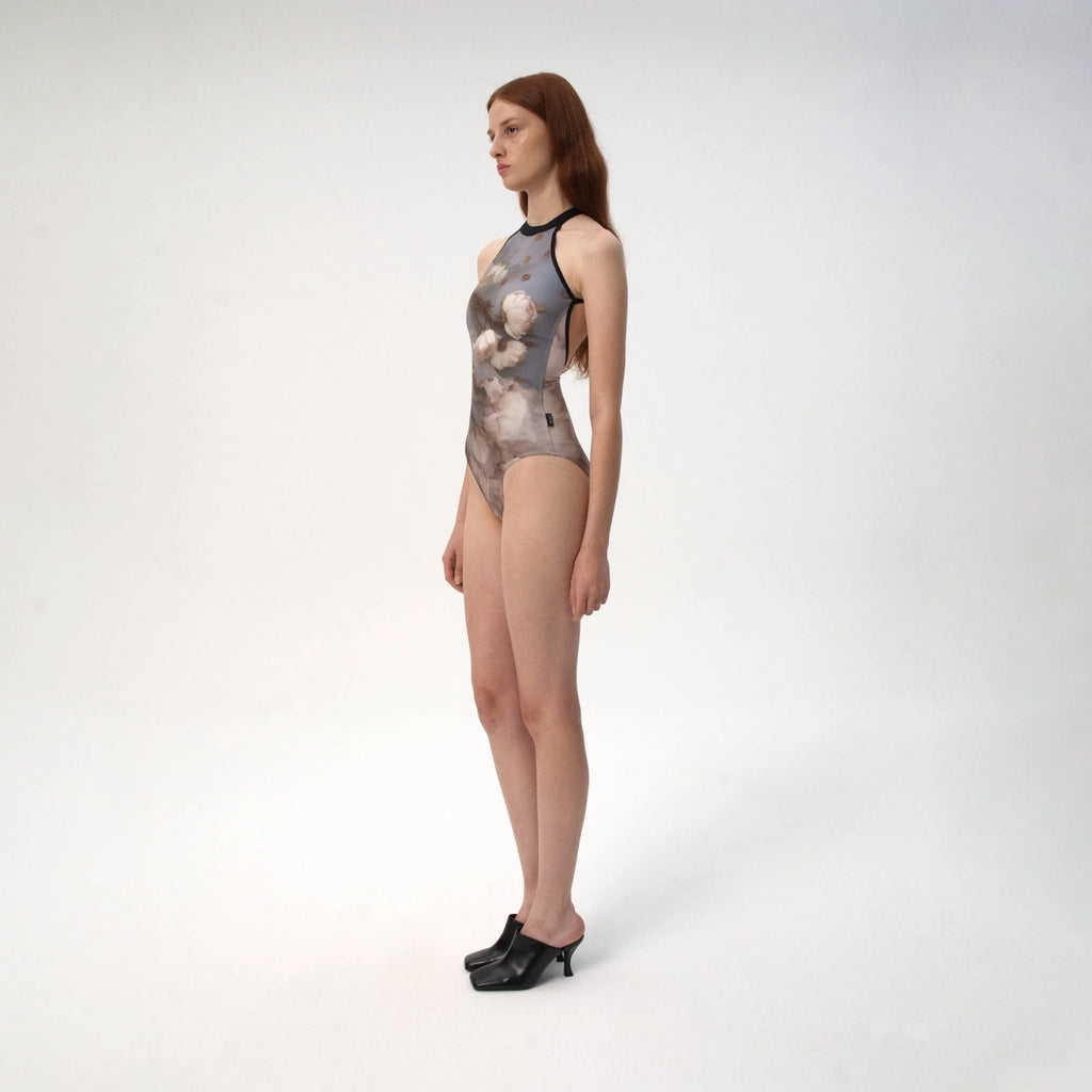 Women Misty Blue Flower Ballet Onesies(R7_26.1/Elvira - Halter)