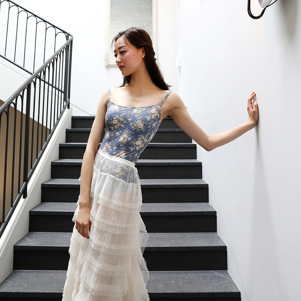 Women Blue Floral Ballet Onesies(Emilie Camisole Leotard TOILE DE JOUY /SLATE BLUE)