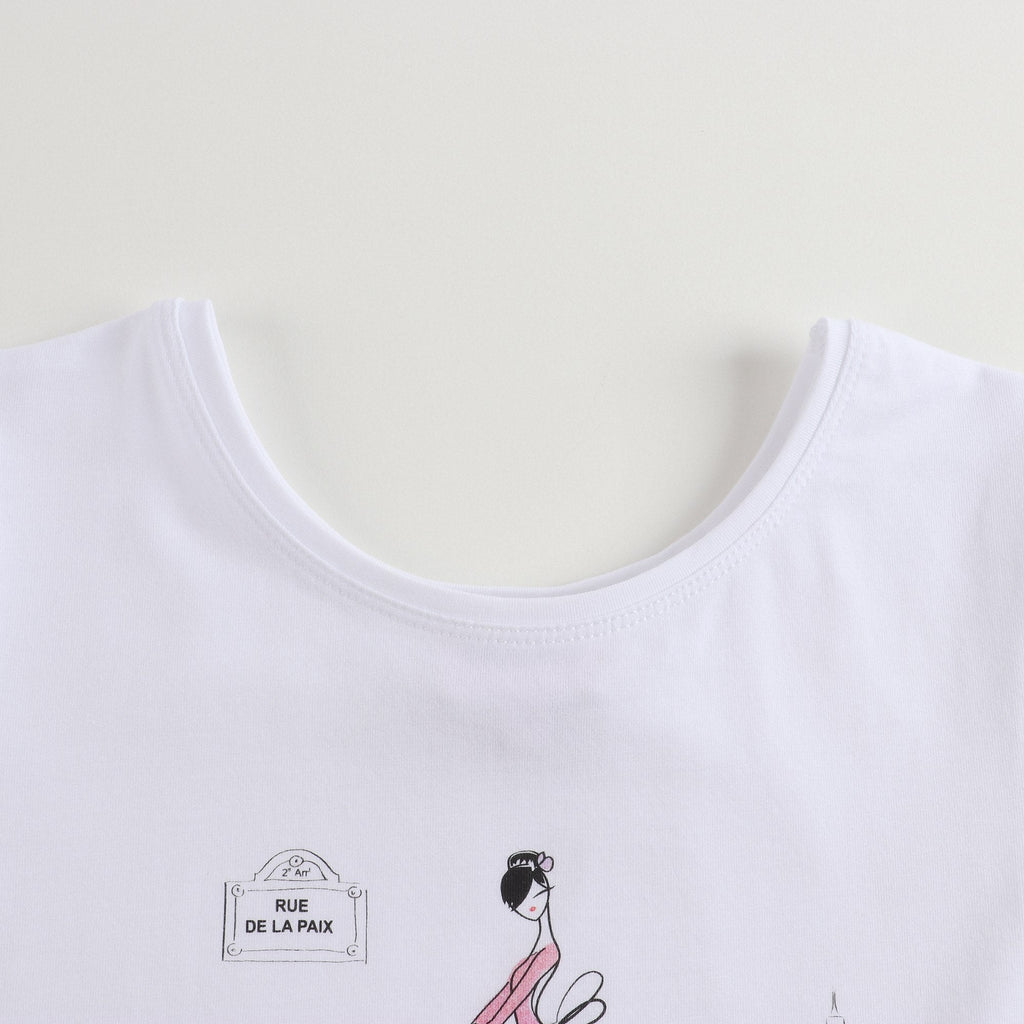 Girls White Printed Cotton T-shirt