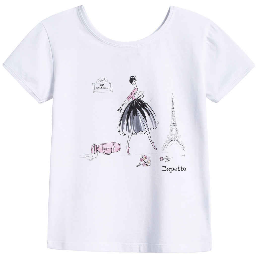 Girls White Printed Cotton T-shirt