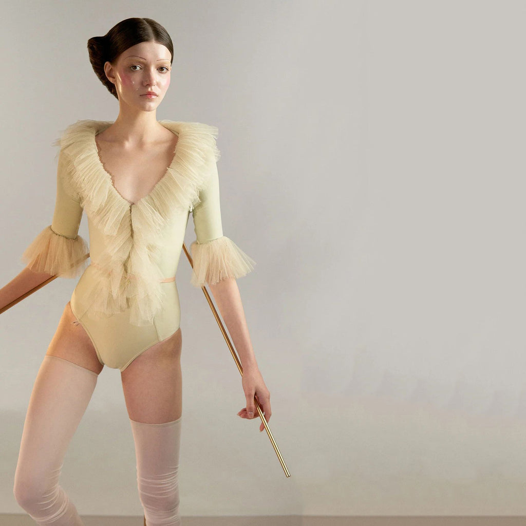 Women Green "JABOT TULLE RUFFLE" Ballet Onesies(251LE84PV/green tea)