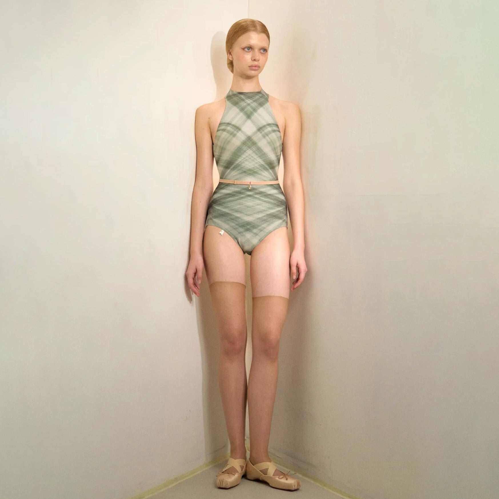 Women Green Check "TULLE PLIÉ" Ballet Onesies(201LE20VL/evergreen)