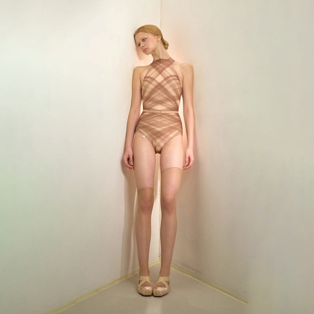 Women Mocha Check "TULLE PLIÉ" Ballet Onesies(201LE20VL/mocha)