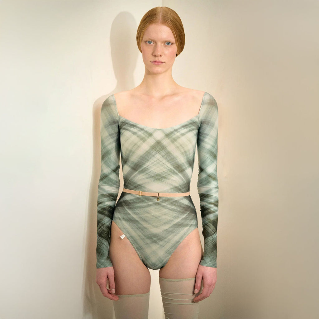 Women Green Check "TULLE PLIÉ" Long Sleeves Ballet Onesies(253LE23VL/evergreen)