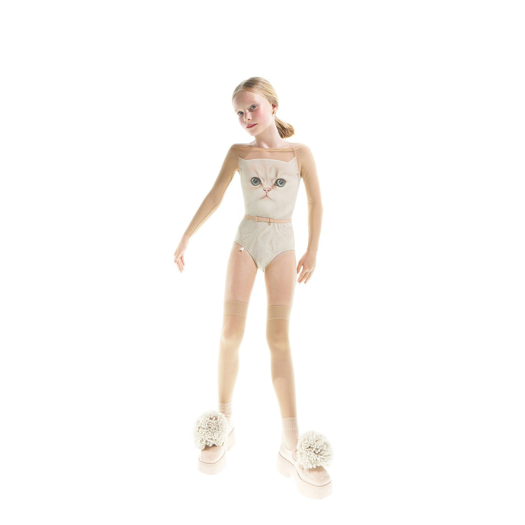 Girls White Cat Boatneck Ballet Onesies(J231LE22VL/cream)