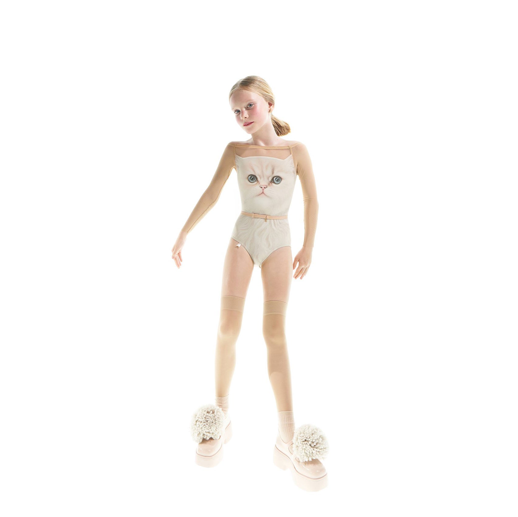 Girls White Cat Boatneck Ballet Onesies(J231LE22VL/cream)